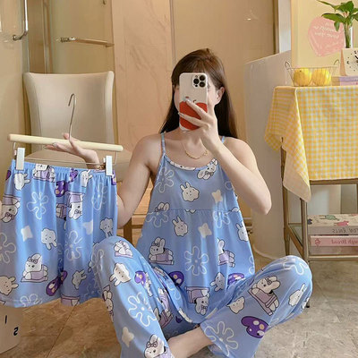 工厂直销网络爆款吊带ins风家居服套装休闲大码3件甜美夏季睡衣女