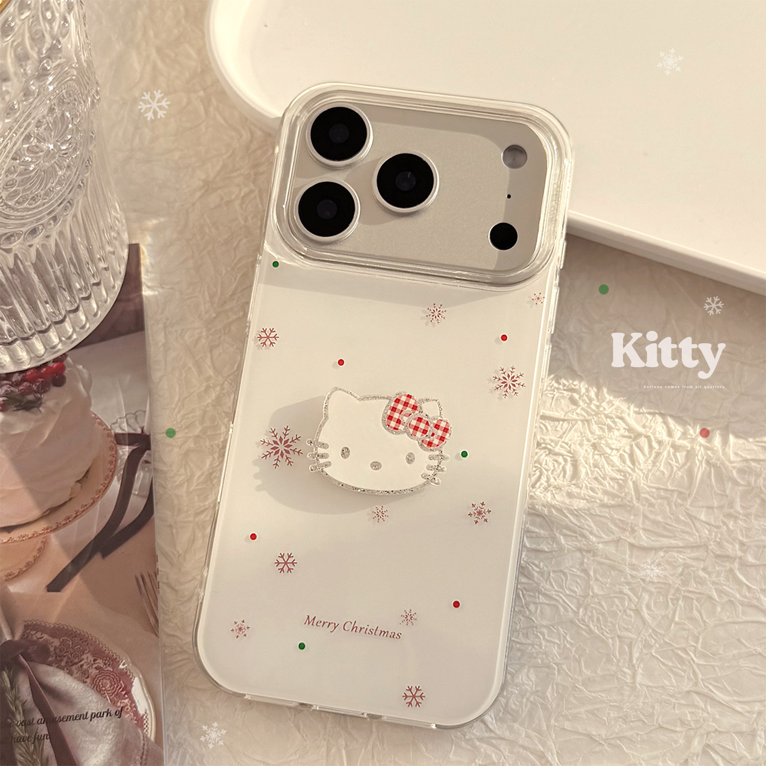 冬日酒红卡通雪花猫咪适用iPhone17promax苹果16手机壳14透明15日韩风小众带挂链15plus保护套11硬壳12冬日