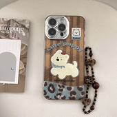 ins棕色豹纹带链条适用苹果16promax手机壳iphone17新款 14欧美美拉德12卡通拼接西高地贴片11全包硬壳 15女款