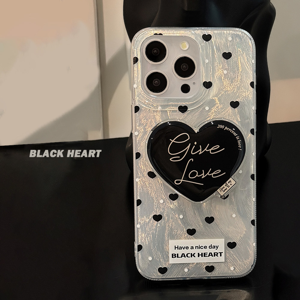 小众韩风ins黑色爱心支架适用苹果17Pro Max手机壳iPhone13全包16新款12羽纱14Pro镭射保护套14甜酷少女11女