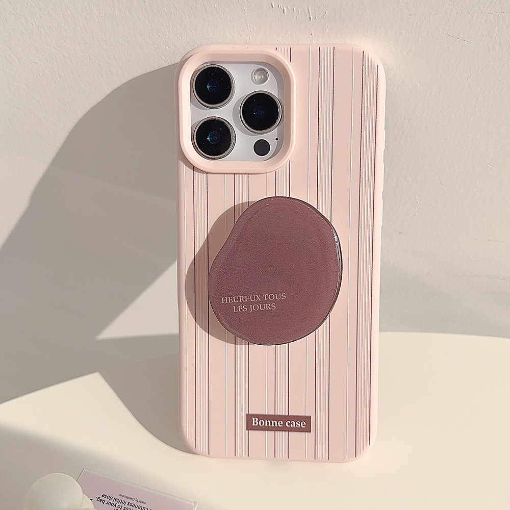 复古ins粉棕条纹适用苹果17手机壳iphone16promax新款15pro男女款14高级感简约小众11极简创意支架12全包软壳