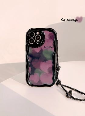 紫色晕染爱心适用苹果15手机壳iPhone14ProMax暗黑风油画涂鸦XR甜酷13日韩风11少女挂绳12防摔全包xr保护套xs