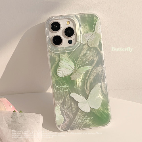 夏日适用苹果17Pro Max手机壳iPhone13全包15新款16羽纱薄荷绿ins蝴蝶14Pro镭射保护套14珍珠挂链11小清新女