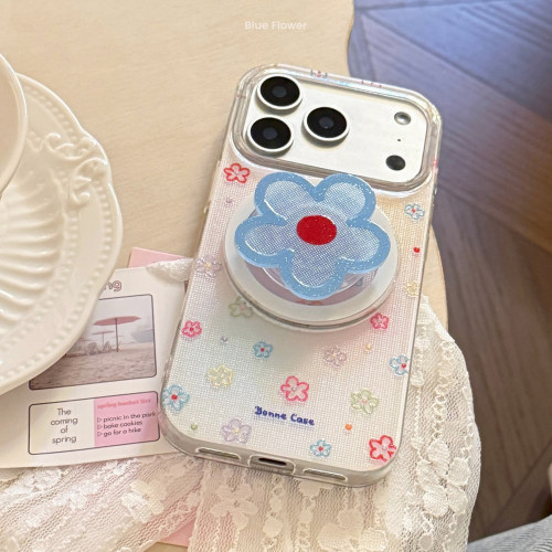 日韩少女心ins风闪粉蓝色小花朵适用苹果18ProMax手机壳带磁吸支架iPhone17新款保护套16Pro保护壳15防摔硬壳