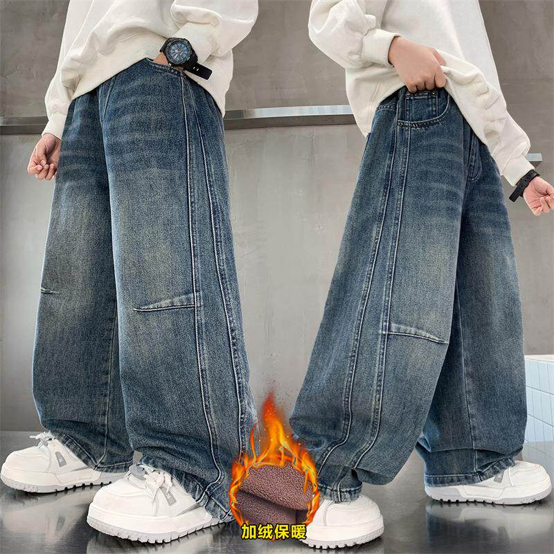 外贸男童加绒韩牛仔裤冬季加厚奥利绒范男阔腿裤孩酷帅休闲弯刀裤
