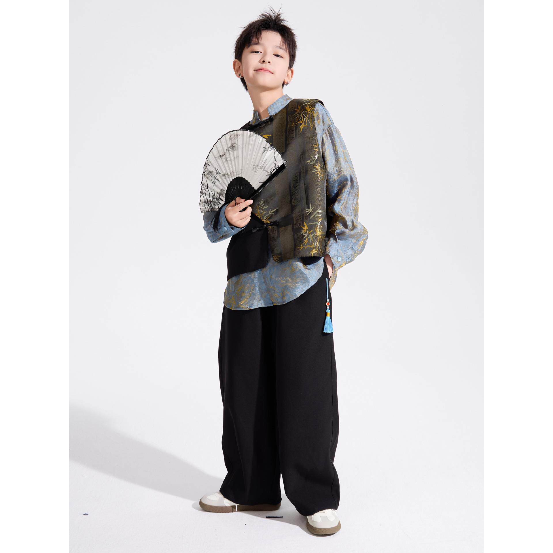 【鎏金墨竹】男装童中式高级汉服套2026新款国风演出服唐装三件套