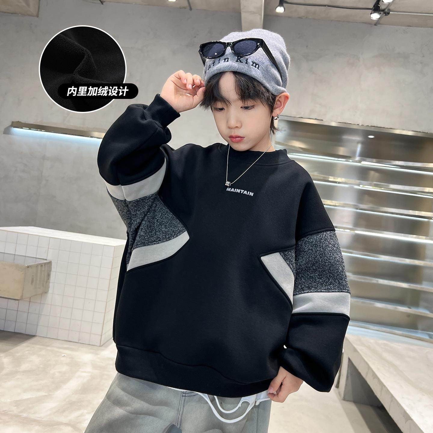 男童卫衣秋冬休款加绒拼加厚男孩洋气半高领色闲运动套头上衣