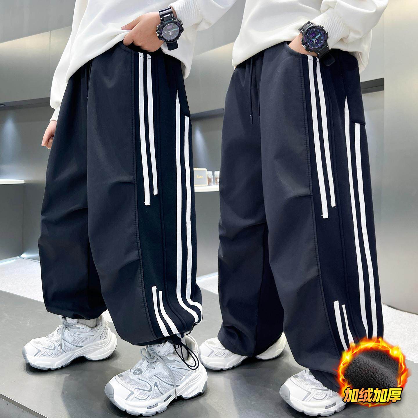 男童加绒卫裤秋冬季中大童儿韩范动裤男孩时尚拉条运休闲阔腿裤潮