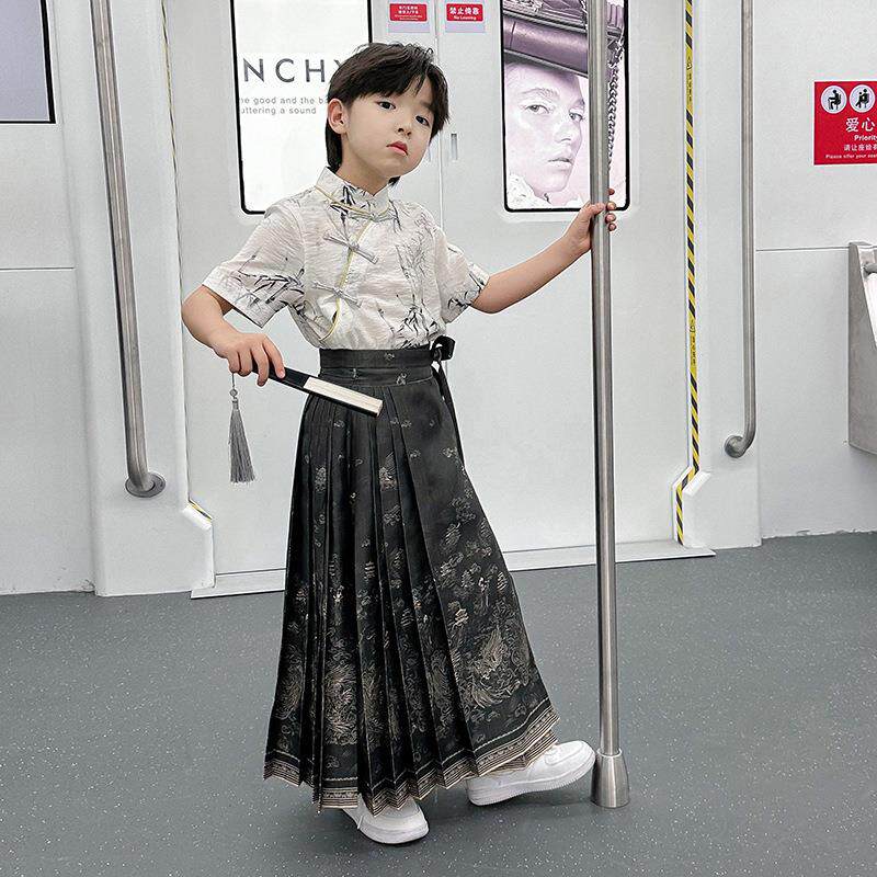 中男童短袖马面裙汉服装夏2025新款儿童中套式古装大童演出服唐装