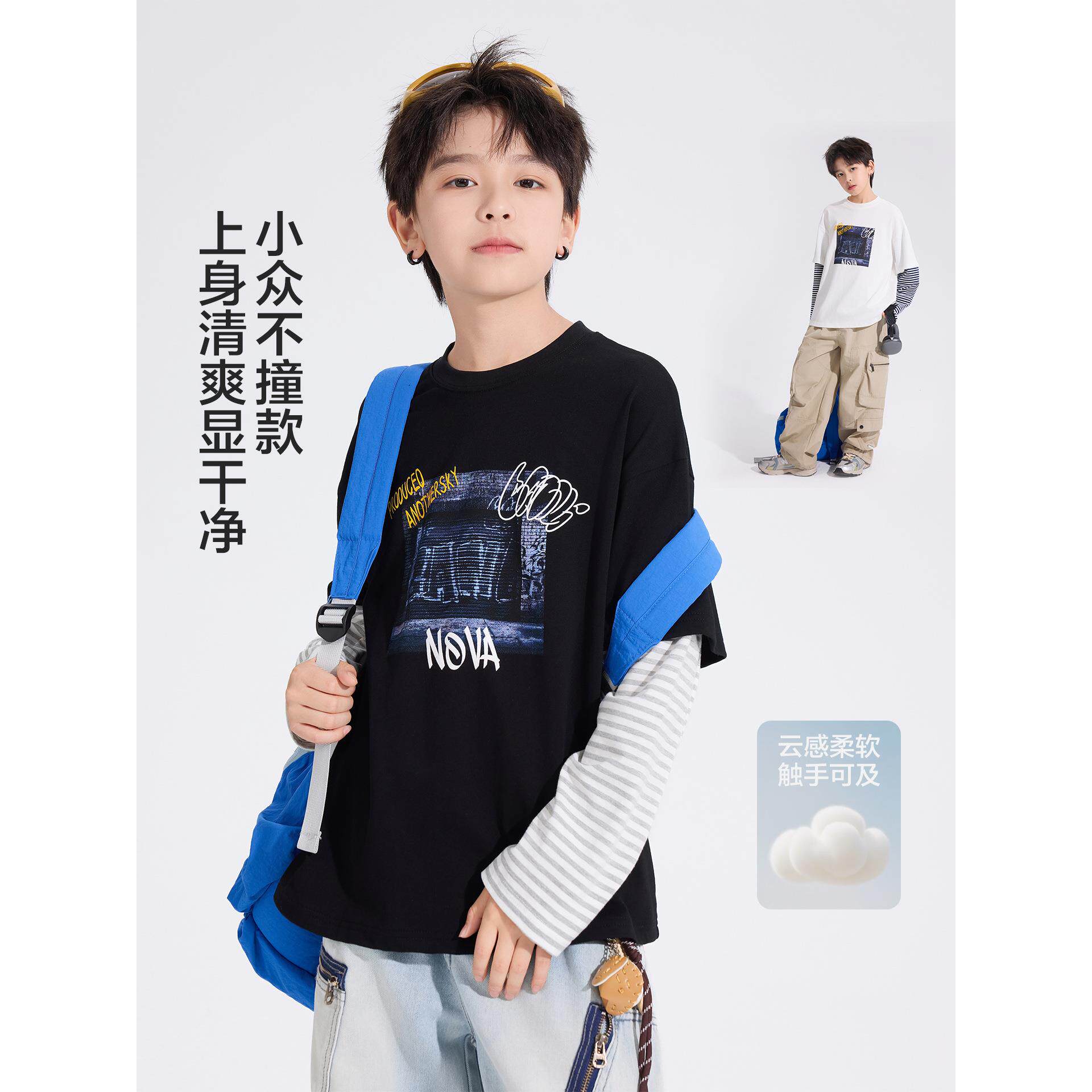 男童2秋装韩范假两件条纹白上色长袖t恤026新款儿童宽松街舞衣潮
