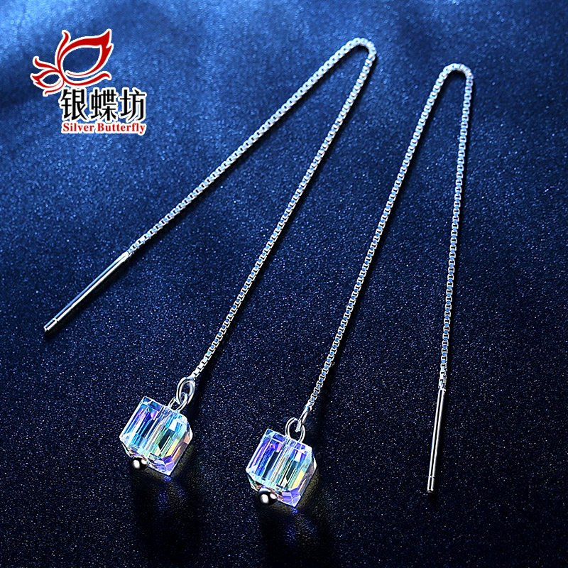 S925银耳线女简约长款耳环韩国风气质魔方耳坠百搭2018耳饰学生品