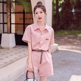 工装粉色连体裤女夏季新款收腰显瘦韩系小个子休闲减龄连衣短裤，女装连体裤，新风尚