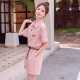 工装粉色连体裤女夏季新款收腰显瘦韩系小个子休闲减龄连衣短裤，女装连体裤，新风尚