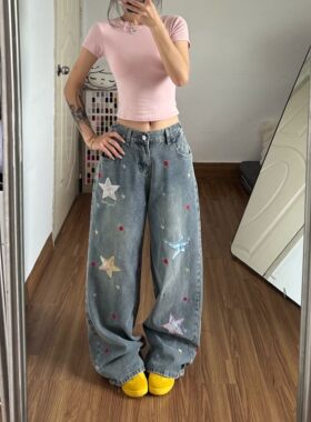 美式水洗星阔腿拖地显瘦牛仔裤女