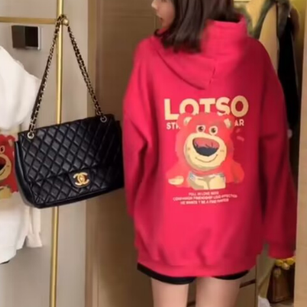 火龙果色草莓熊连帽加绒卫衣女秋冬慵懒风中长款宽松显瘦减龄上衣