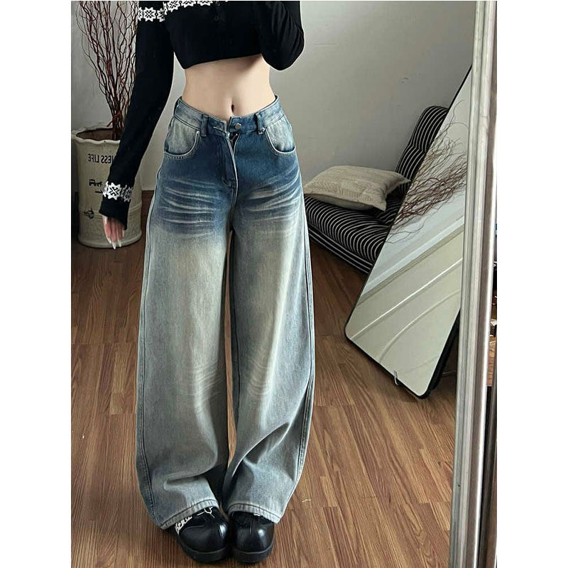 复古猫须压褶弯刀牛仔裤女夏季高腰口袋刺绣设计宽松垂感拖地长裤
