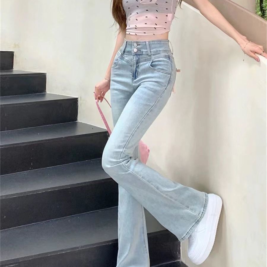 浅色微喇牛仔裤女2025秋季韩版新款高腰长裤显瘦马蹄紧身喇叭裤潮