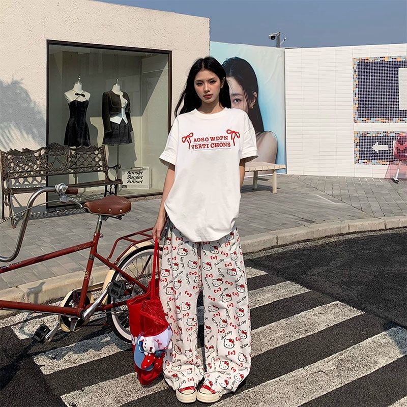 复古休闲慵懒可爱风kt猫裤子直筒牛仔裤女2025秋季阔腿百搭裤子潮