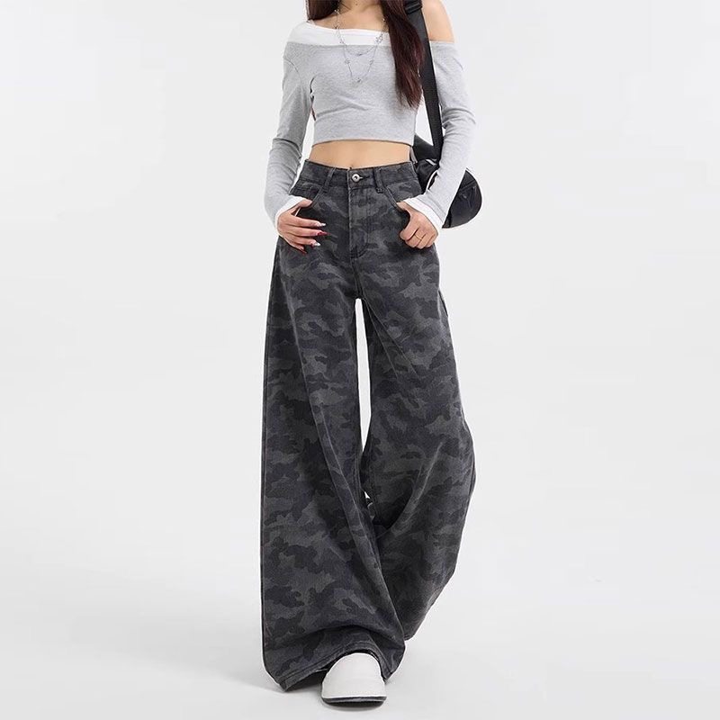 迷彩牛仔裤女2026春季新款迷彩工装高腰美式直筒显瘦宽松阔腿裤潮