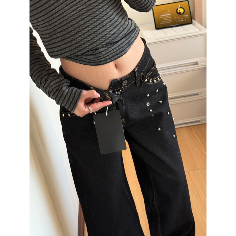 口袋铆钉高腰慵懒风牛仔裤女新款阔腿宽松显瘦拖地长裤ins潮百搭