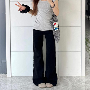 黑色小个子不贴腿微喇牛仔裤女2026春季新款韩系宽松显瘦拖地裤子
