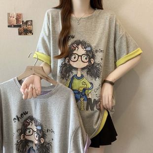 百搭上衣女 纯棉撞色卡通印花短袖 t恤女2025夏季 新款 宽松显瘦时尚