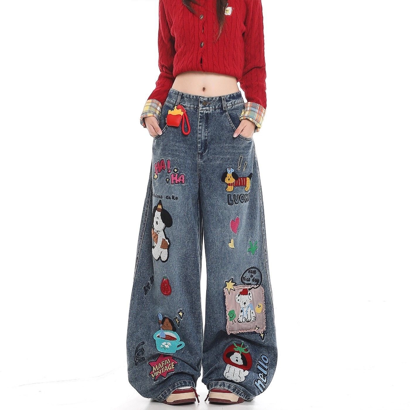 趣味卡通布贴牛仔裤女生2026春季新款慵懒风垂感宽松休闲阔腿长裤