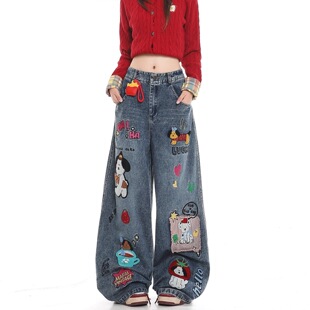 趣味卡通布贴牛仔裤女生2026春季新款慵懒风垂感宽松休闲阔腿长裤