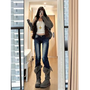 高个子美式水洗蓝牛仔裤女韩版ins潮新款低腰显高显瘦喇叭长裤子