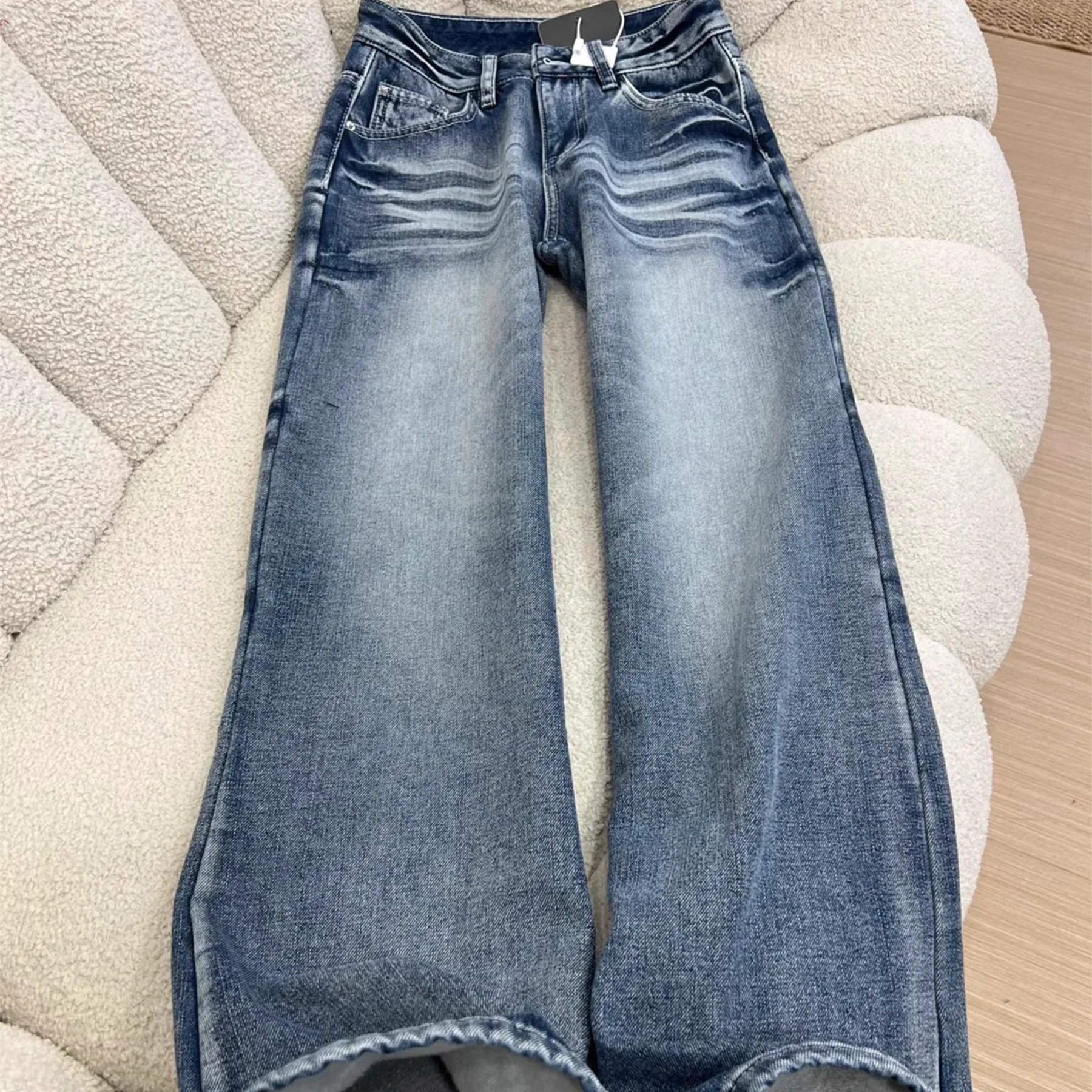 复古蓝色阔腿牛仔裤女韩版ins2026春季新款美式宽松直筒水洗裤子