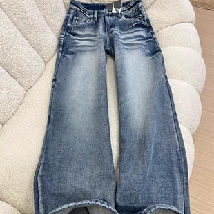 复古蓝色阔腿牛仔裤女韩版ins2026春季新款美式宽松直筒水洗裤子