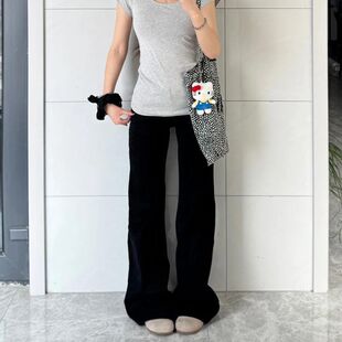 黑色小个子不贴腿微喇牛仔裤女秋季新款韩系宽松显瘦直筒拖地裤子