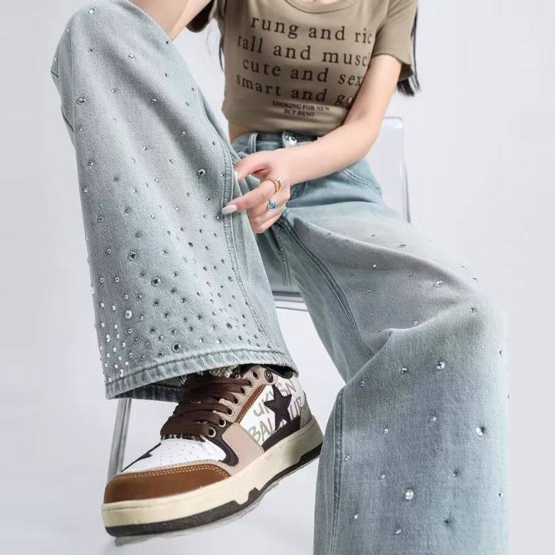 2026新款浅色高腰重工烫钻阔腿牛仔长裤女装宽松设计直筒拖地裤子,女装/女士精品,牛仔裤,淘宝优惠券,粉丝福利购,淘宝优惠卷