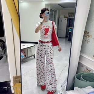 可爱kt猫咪涂鸦卡通印花白色阔腿牛仔裤子女春夏新款高腰宽松直筒