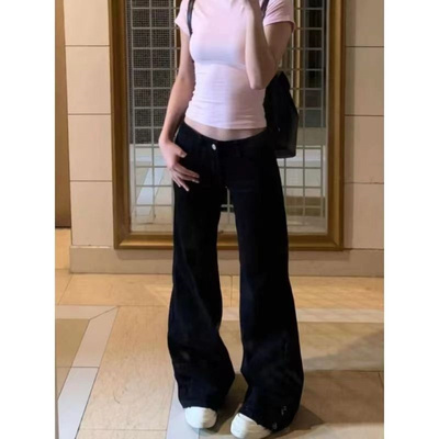 显瘦微喇低腰拖地黑色牛仔裤女