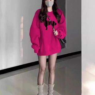 宽松上衣女潮 火龙果色圆领卫衣高级感上衣女款 2025秋冬季 韩版 新款
