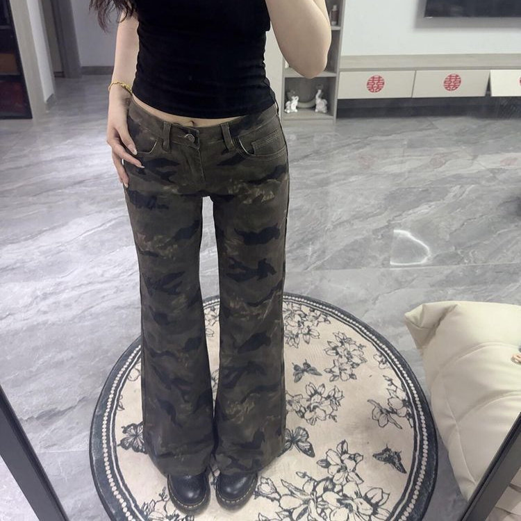 美式复古迷彩微喇牛仔裤女2026春季韩版新款辣妹宽松显瘦喇叭长裤