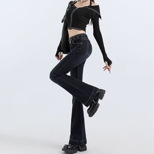 复古深蓝色微喇百搭牛仔裤女2026春季韩版新款修身弹力显瘦喇叭裤