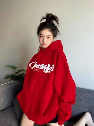 大红色连帽加绒卫衣女2023秋冬新款港味chic高级感小众设计感外套