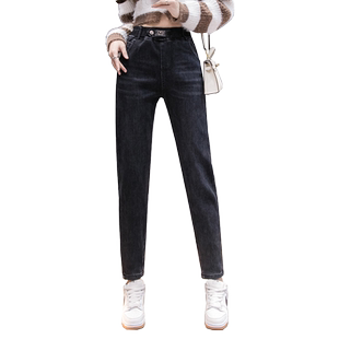加绒加厚牛仔裤女学生松紧腰秋冬季2025新款哈伦直筒弹力老爹裤子
