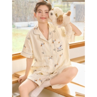 今囍夏季睡衣女款100%纯棉开衫翻领短袖短裤卡通腊肠狗家居服套装