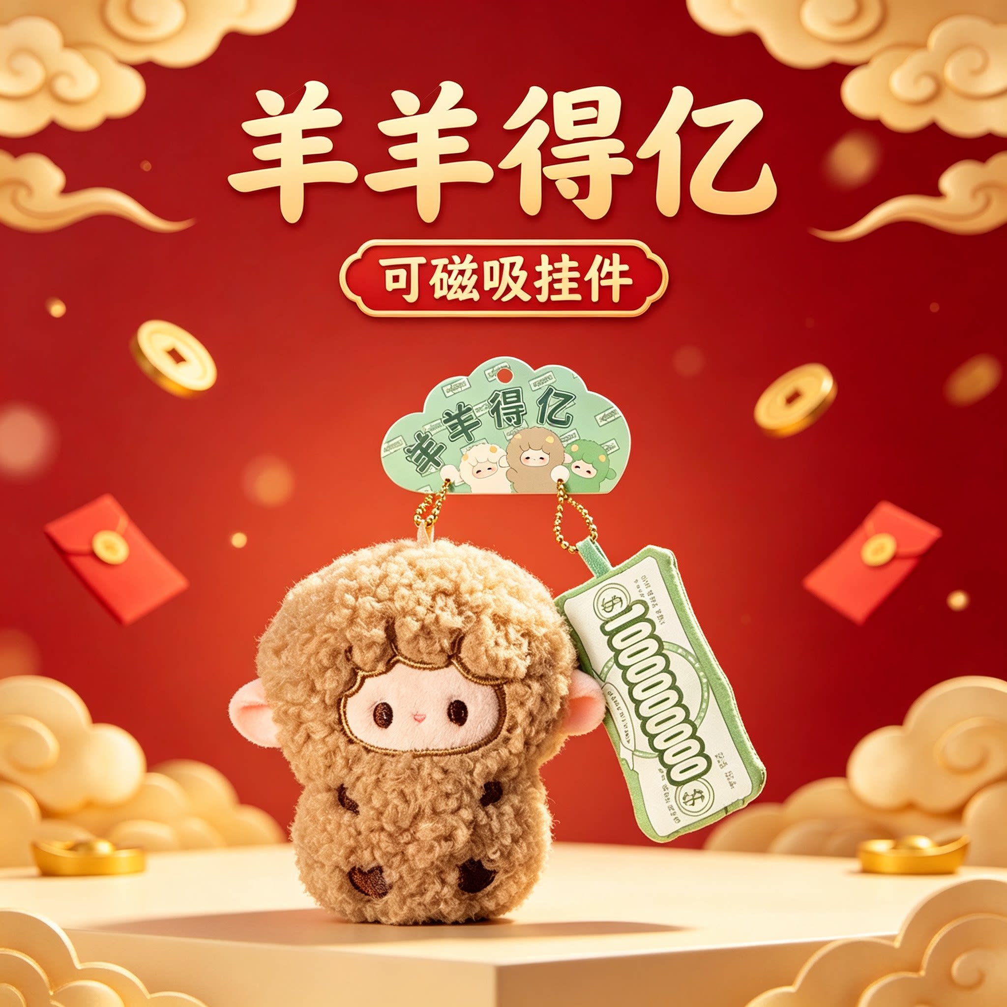 2027羊年吉祥物车载磁吸小羊挂件生肖羊毛绒公仔冰箱贴玩偶布娃娃
