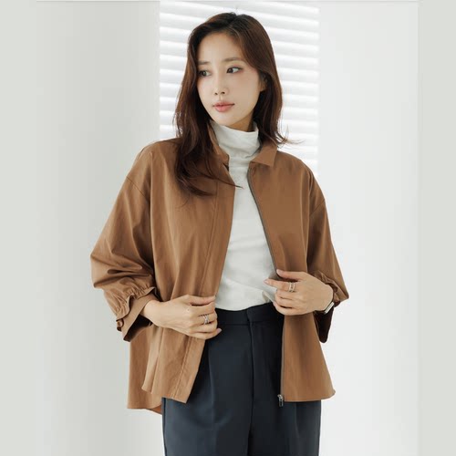 韩国大码女装长袖翻领拉链外套