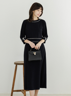 韩国妈妈装圆领连衣裙2025春大码女装知性修身纯色中长裙OPE2005