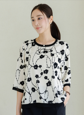 韩国妈妈装七分袖T恤2025春夏大码女装圆领宽松印花上衣TBE2098