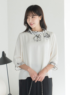 韩国妈妈装七分袖衬衫2025春大码女装蝴蝶结印花宽松上衣B2504024