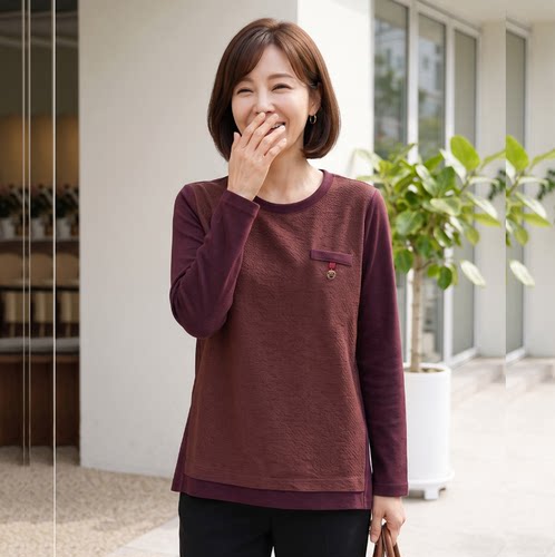 韩国妈妈装秋季拼接长袖圆领T恤