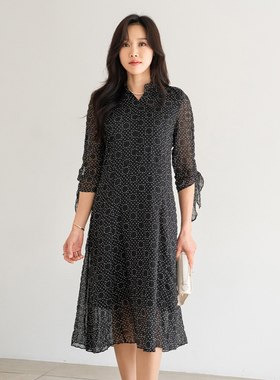韩国妈妈装雪纺连衣裙2025春夏大码女装圆点黑色中长裙OP2503010
