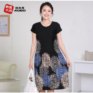 圆领短袖 韩国代购 中老年女装 褶皱连衣裙人气款 宽松裙MB6160 妈妈装