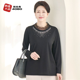 中老年女装 韩国春季 T恤长袖 网纱衣领妈妈装 镶钻纯色简约t23032028